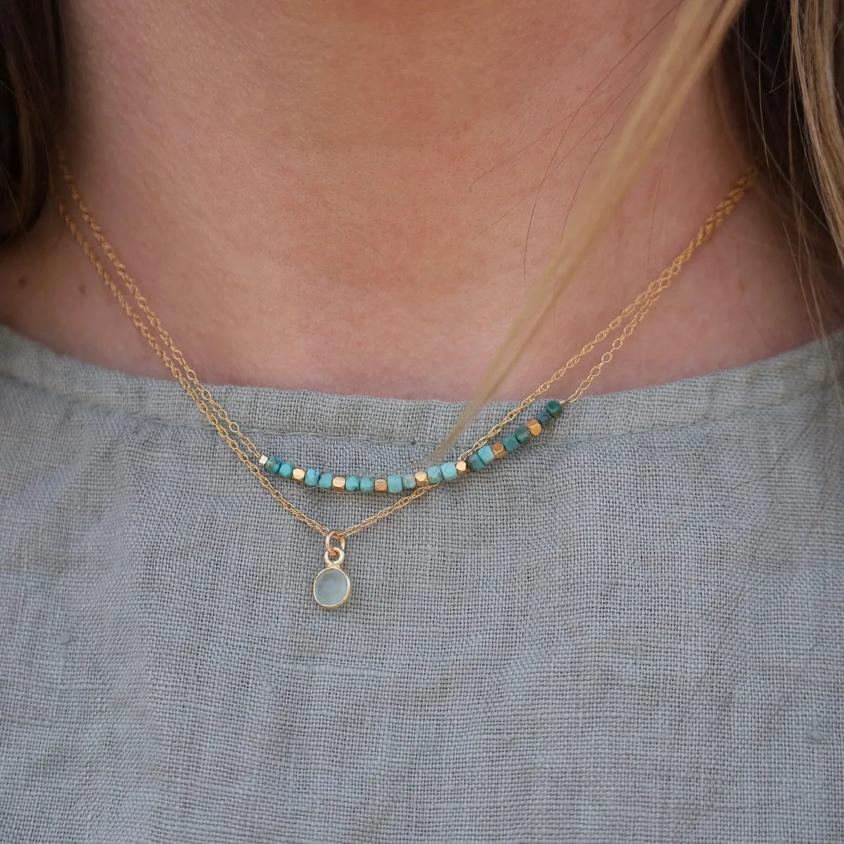 14k Gold Filled Chain with 6mm Bezel-Set Aqua Blue Chalcedony
