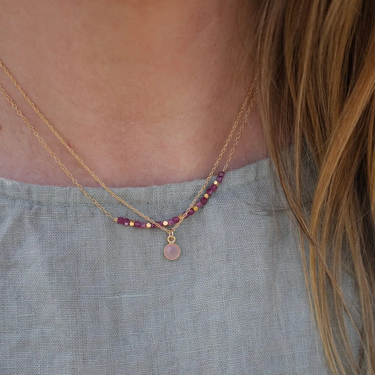 14k Gold Filled Chain with 6mm Bezel-Set Rose Quartz