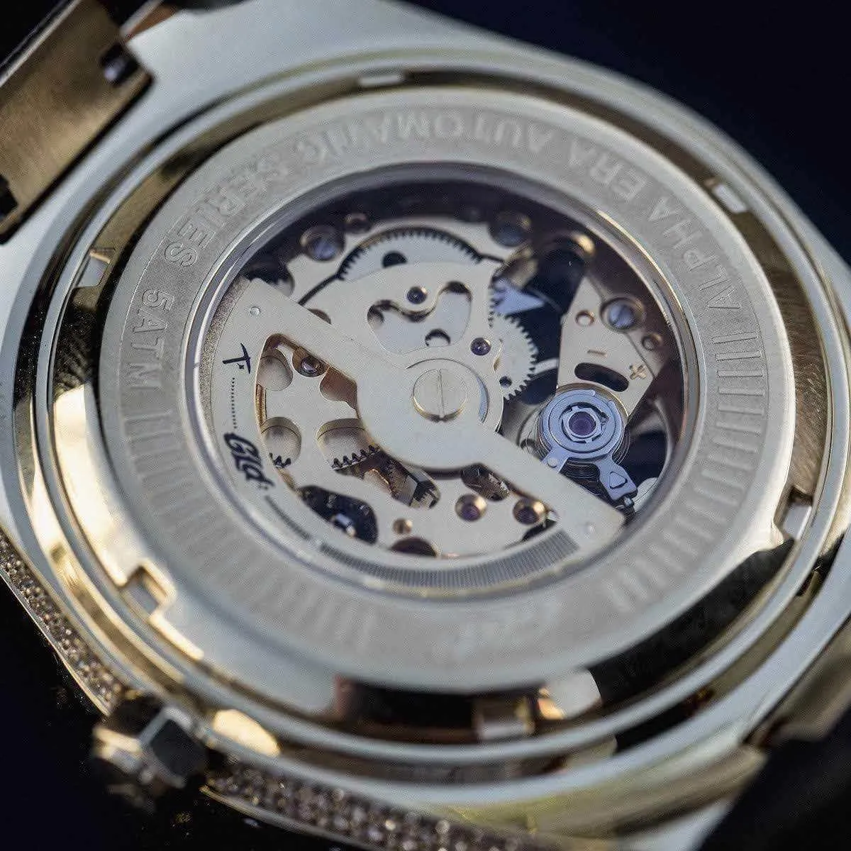 42MM Iced Alpha Era® Luminous Skeleton Gold w/ Rubber Strap