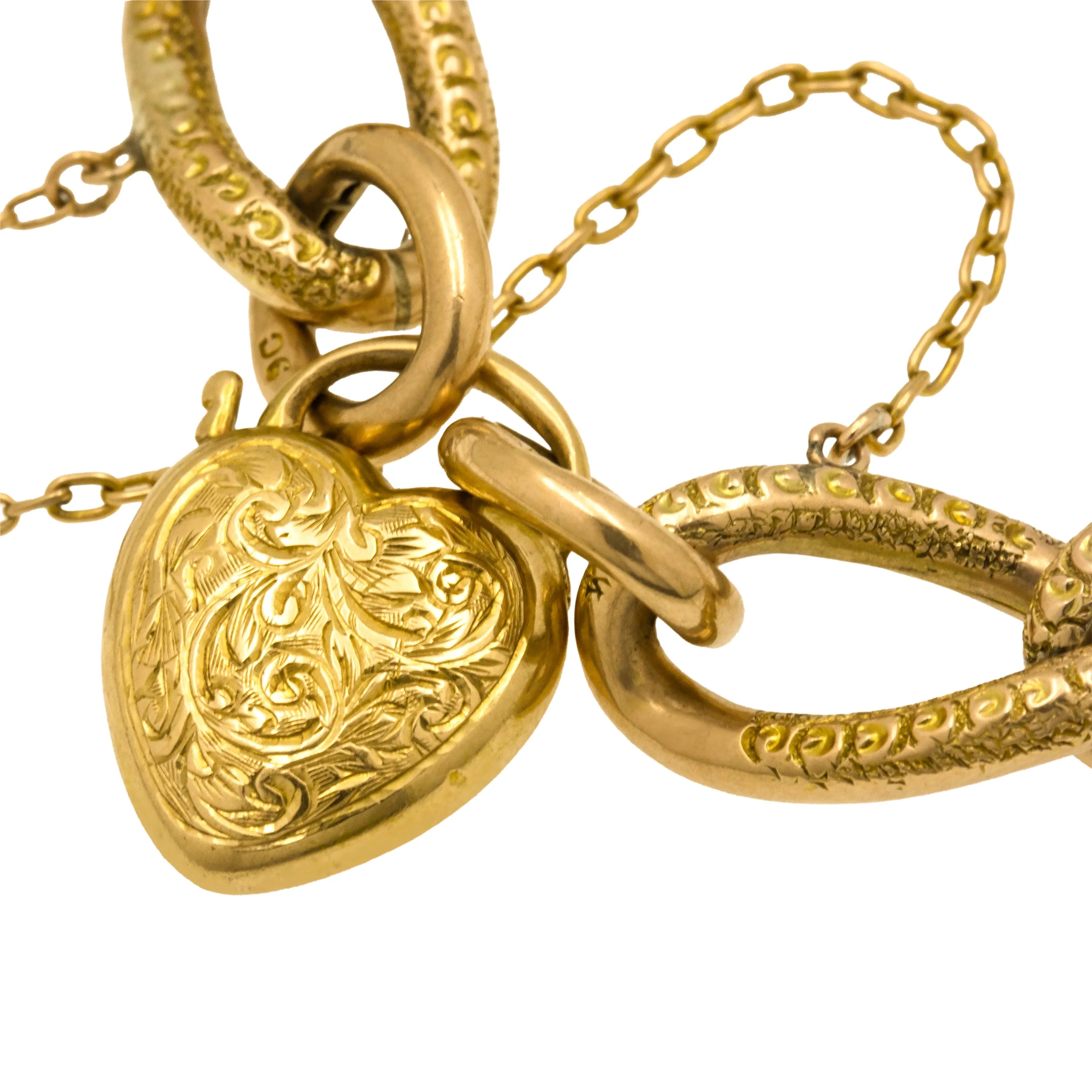 Antique 9ct Gold Engraved Curb Link Bracelet with Engraved Heart Padlock