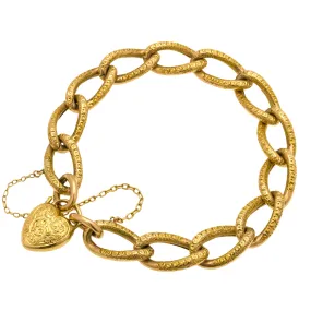 Antique 9ct Gold Engraved Curb Link Bracelet with Engraved Heart Padlock