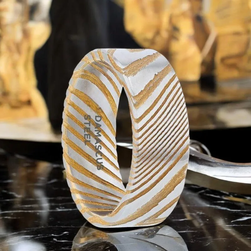 BISHOP | Gold Damascus Steel Ring, Vivid Etched Design, Flat