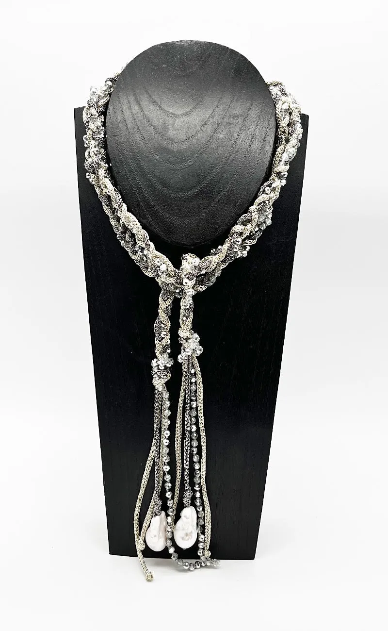 Braided Glam Pearl Lariat, Silver
