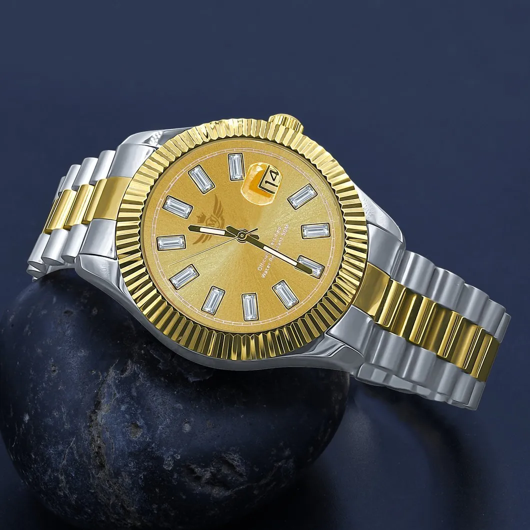 Clean 41MM CZ Baguette Hours Date Watch