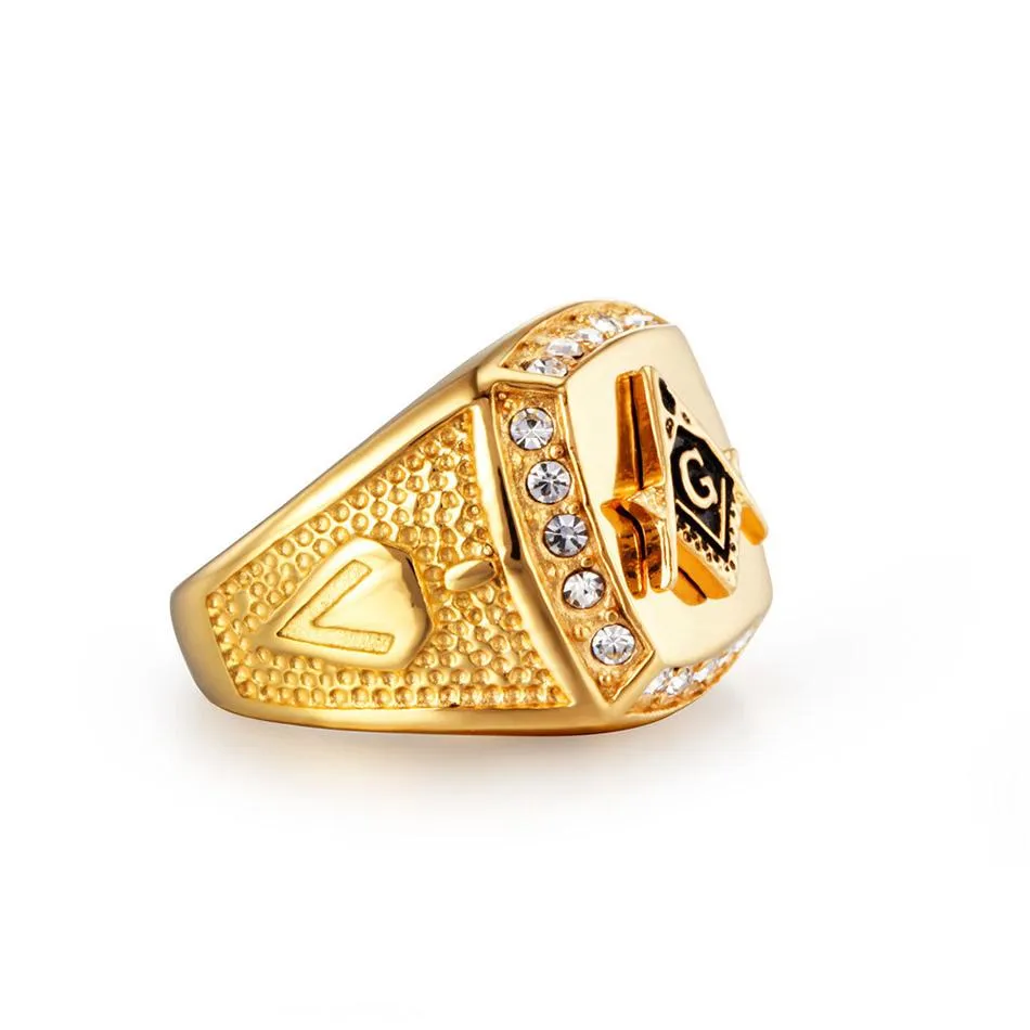 Gold Rhinestone Masonic Signet Ring