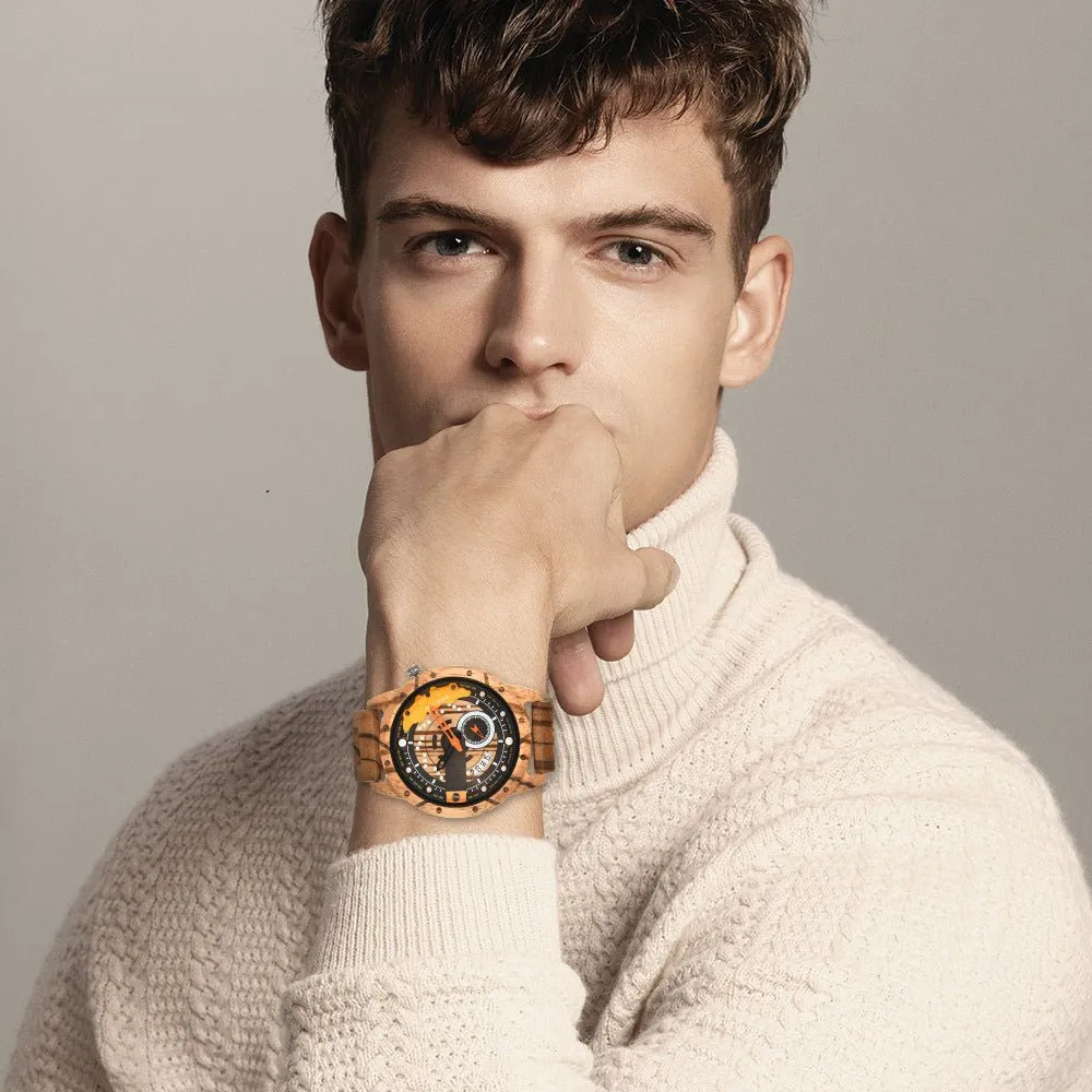 Men's Large Dial Quartz Movement Wooden Watch