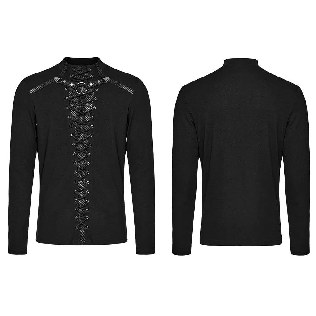 Men's Punk Strappy Mesh Splice Studded Shirt