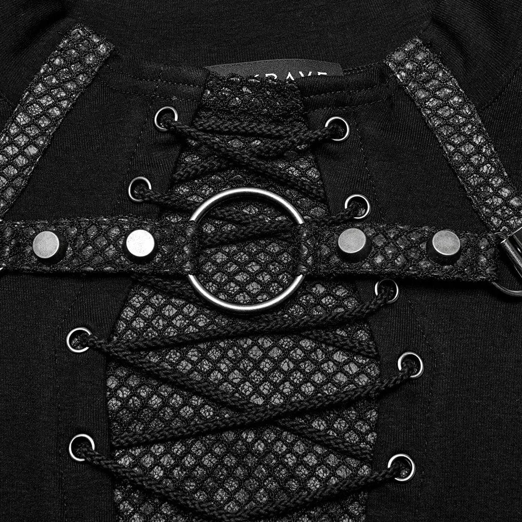 Men's Punk Strappy Mesh Splice Studded Shirt