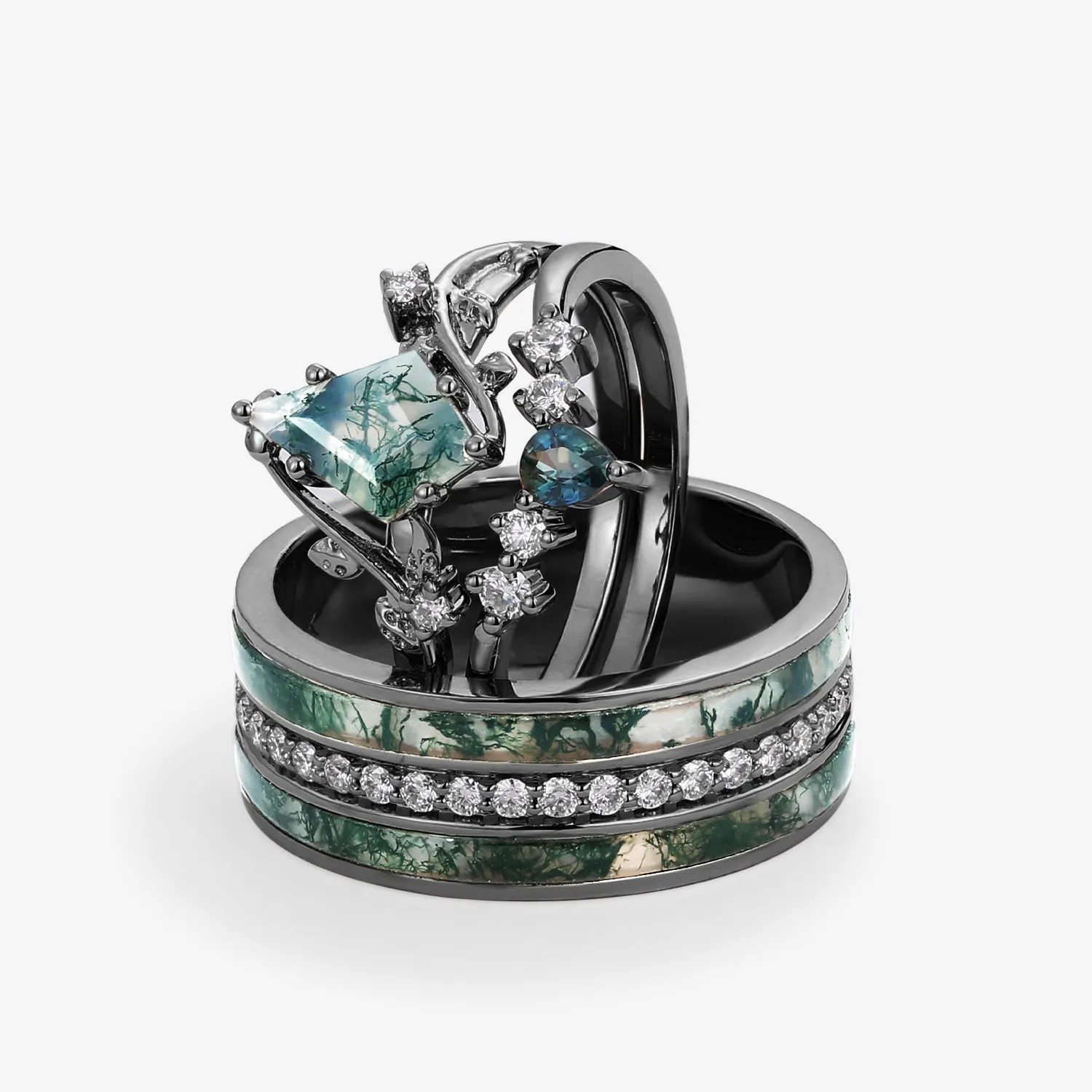 Nature Inspired - Moss Agate & Green Sapphire Leafy Couple Ring Set 3pcs - Willow