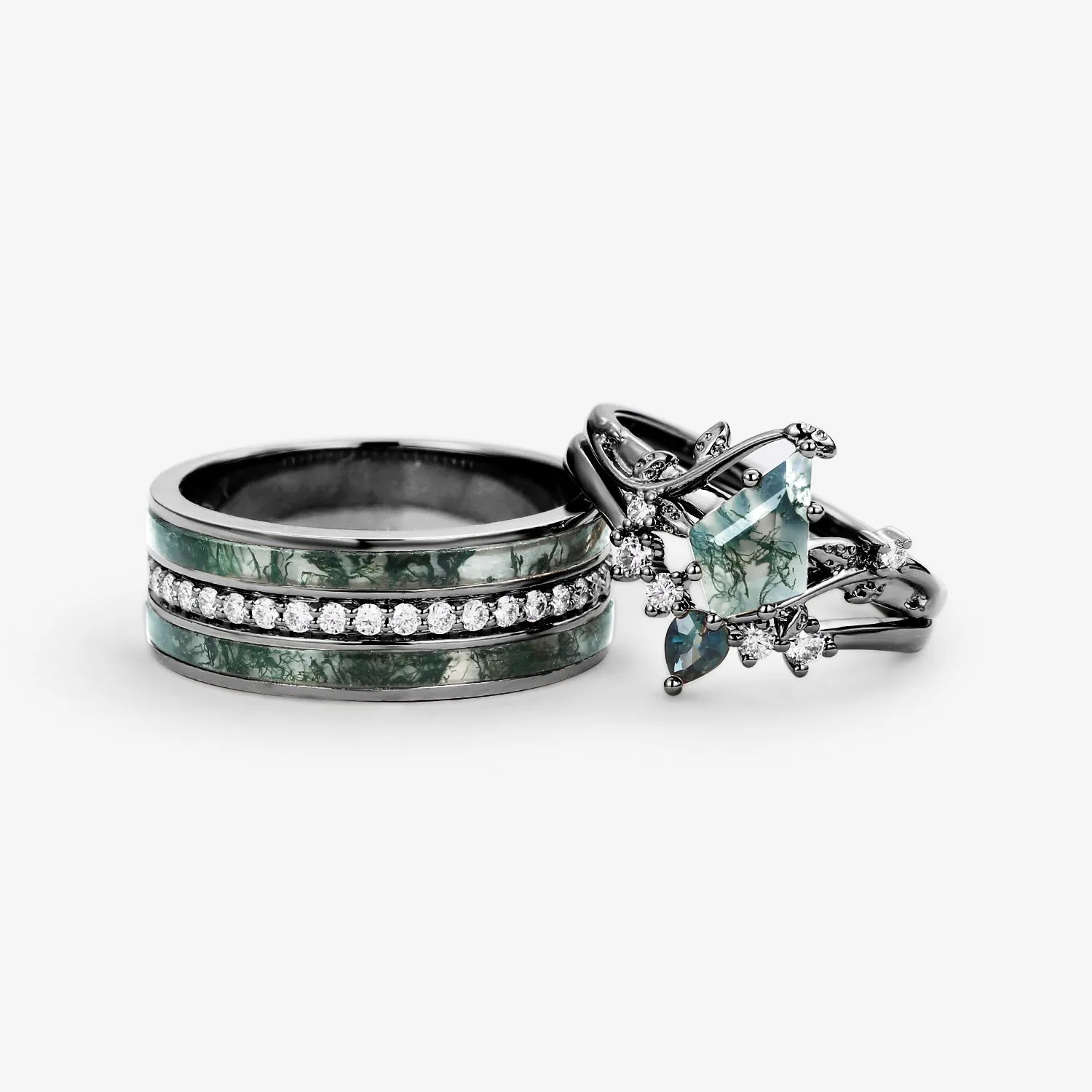 Nature Inspired - Moss Agate & Green Sapphire Leafy Couple Ring Set 3pcs - Willow