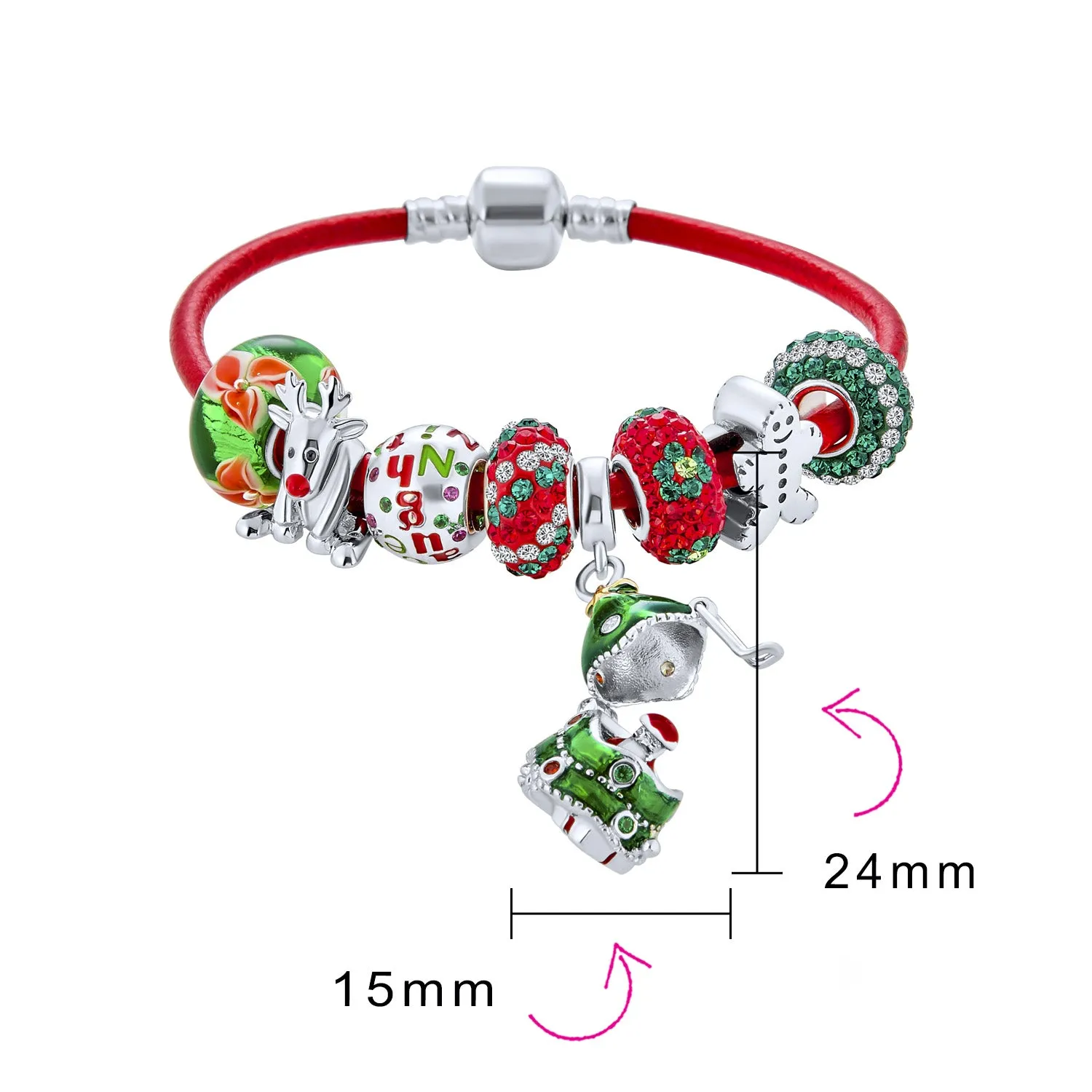 Secret SANTA Charm Bracelet with Locket Bead & Holiday Reindeer Gingerbread Man