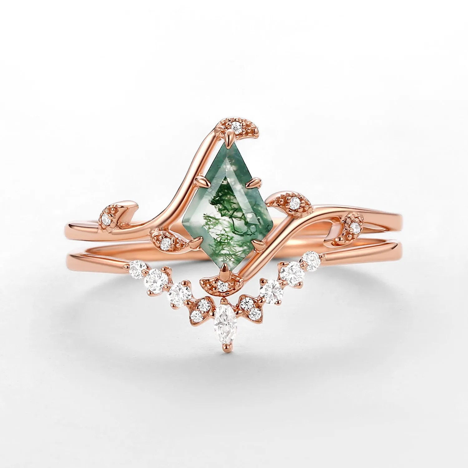 Unique Kite Cut Moss Agate Leafy Engagement Ring Sets 2pcs - Ivy