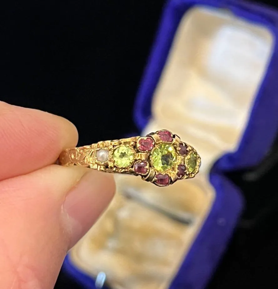 Victorian 15ct Peridot, Garnet & Pearl Ring