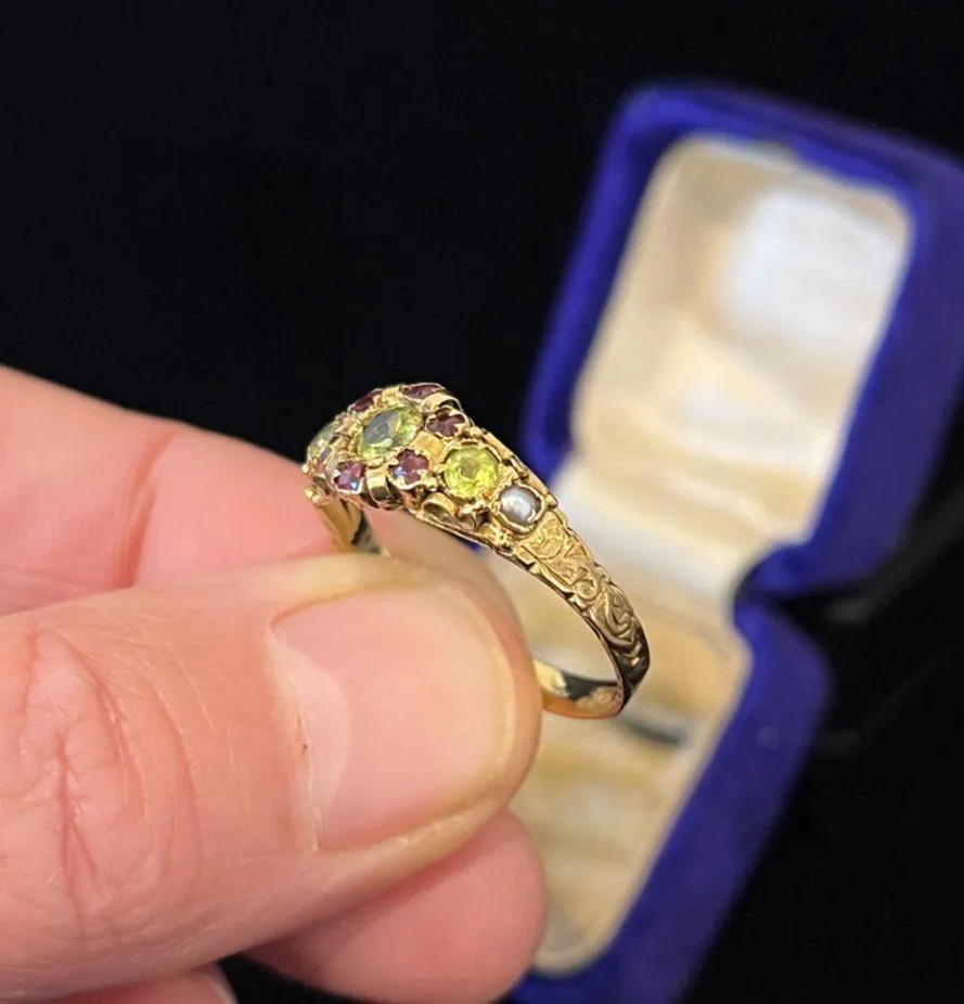 Victorian 15ct Peridot, Garnet & Pearl Ring