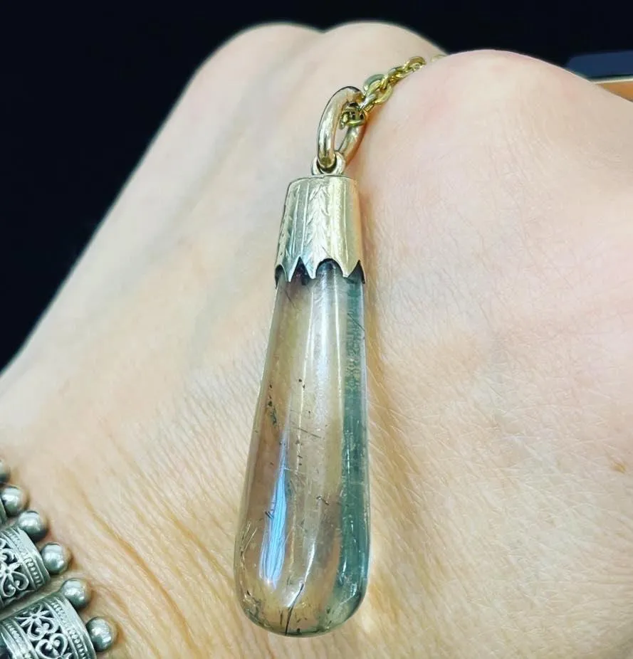 Victorian 9ct Rose Gold Rutilated Quartz Drop Pendant