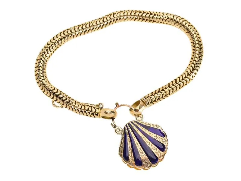 Victorian Enamel Scallop Shell Padlock Bracelet