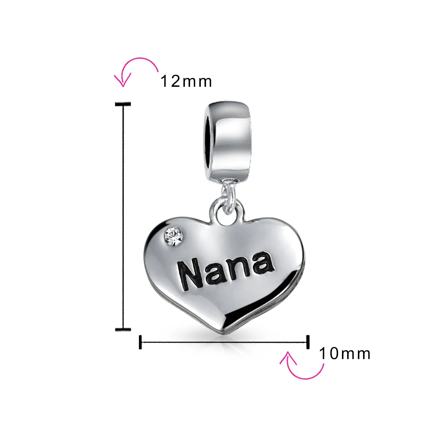 Word Nana Heart Dangle Charm Bead for Grandmother Crystal Sterling Silver Fit Bracelet